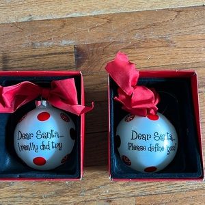 Two ornaments with red dots